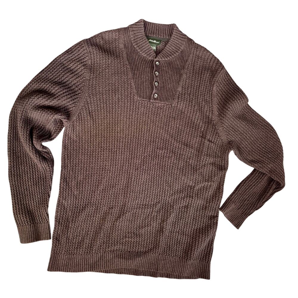 Eddie Bauer Brown Knit Pullover Fisherman Sweater Shawl Neck Men 2XL 100% Cotton
